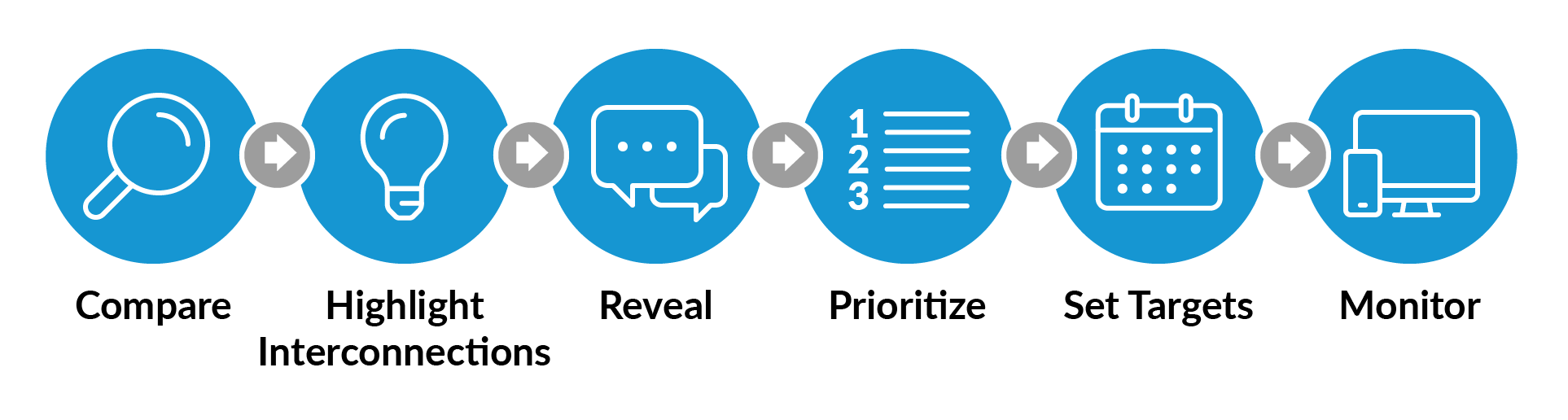 Flow cart showing sequential steps: Compare, Highlight Interconnections, Reveal, Prioritize, Set Targets, and Monitor