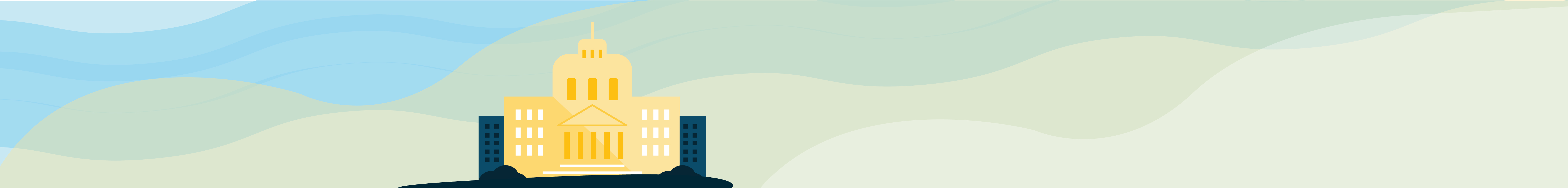 Illustration of yellow building in front of blue buildings 
