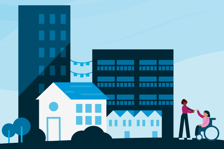 Illustration with people, buildings and trees
