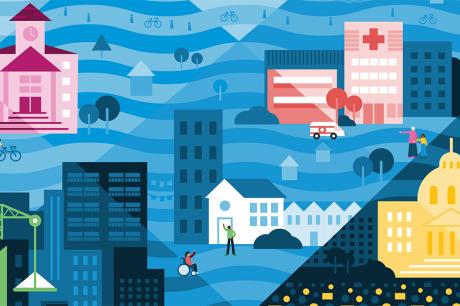 An illustration depicting a scene with various community members and buildings.
