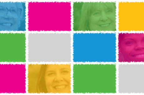 Colorful grid of paint-edged rectangles with partial close-ups of smiling people in blue, green, yellow, and pink overlays.